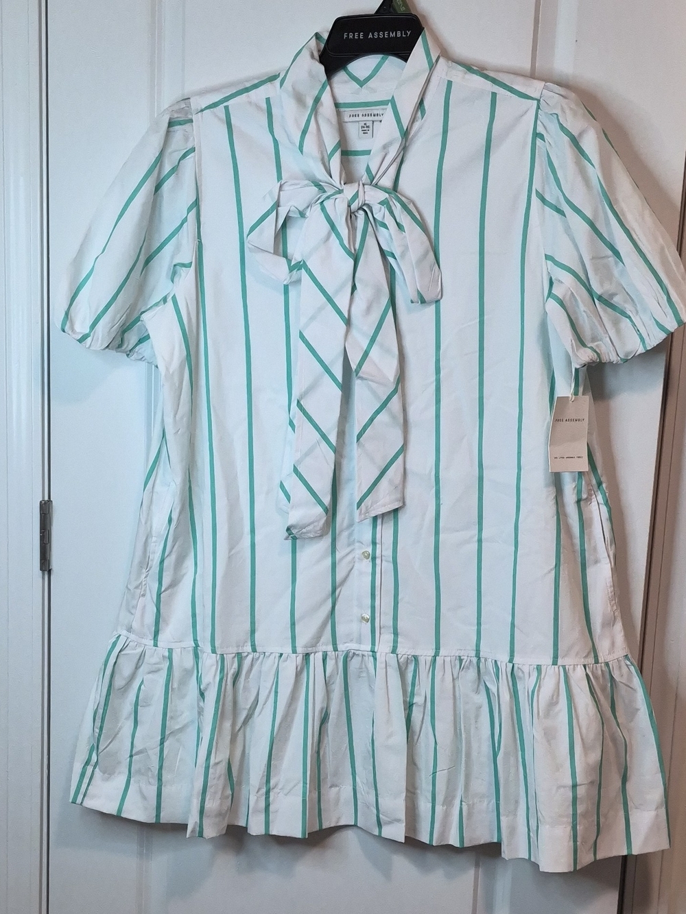 Free Assembly Tie-Neck Mini Dress in White with Mint Green Stripes Size XL